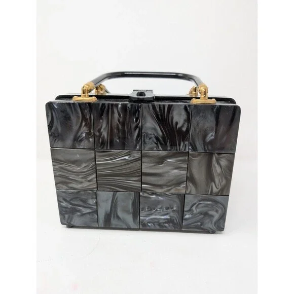 Vintage StyleCraft Handbag Purse Black Pearlized Marbled Lucite Vanity 60s As Is - Picture 3 of 11